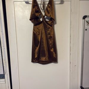 Brown Satin Halter Dress